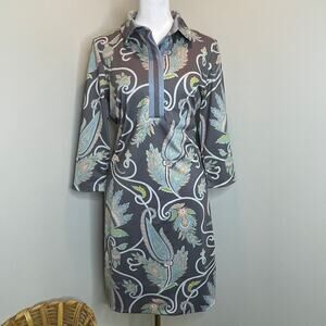 GRETCHEN SCOTT Blue Gray Paisley Plume Button Front Everywhere Shirt Dress Sz S